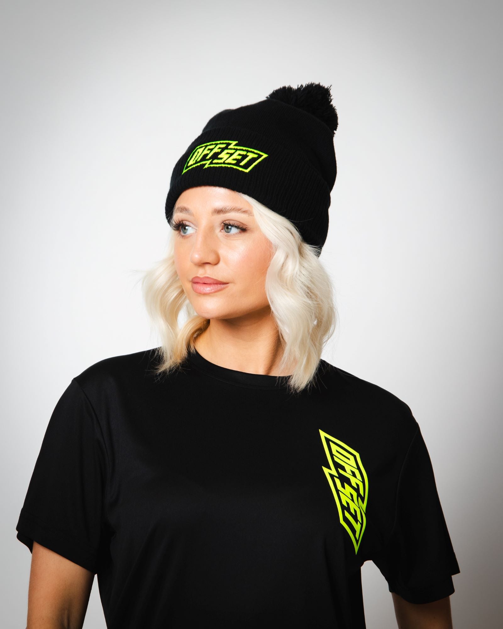 OFFSET Sport winter bobble hat side profile showing logo detail