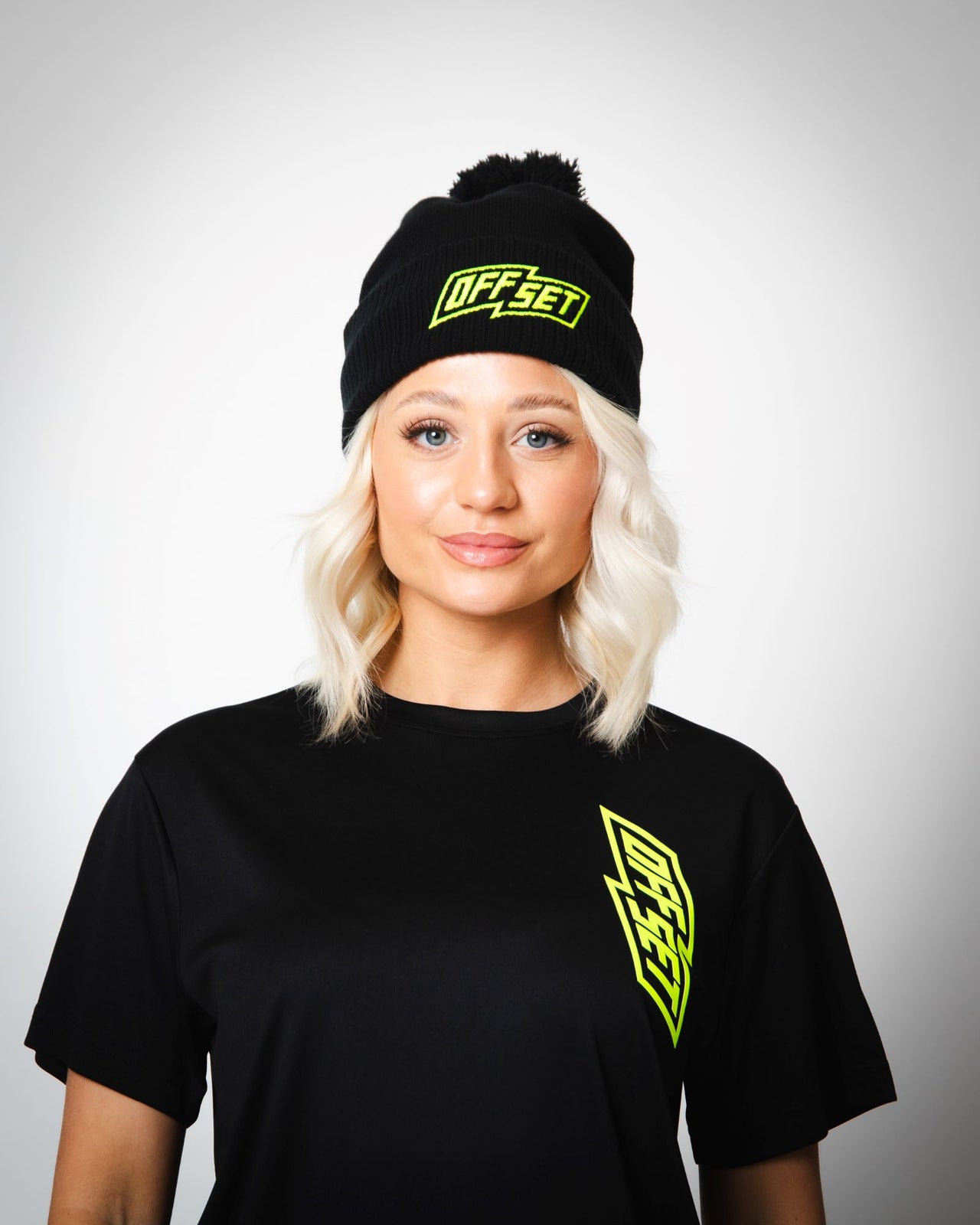 Black OFFSET Sport bobble hat with fluro yellow logo, front view