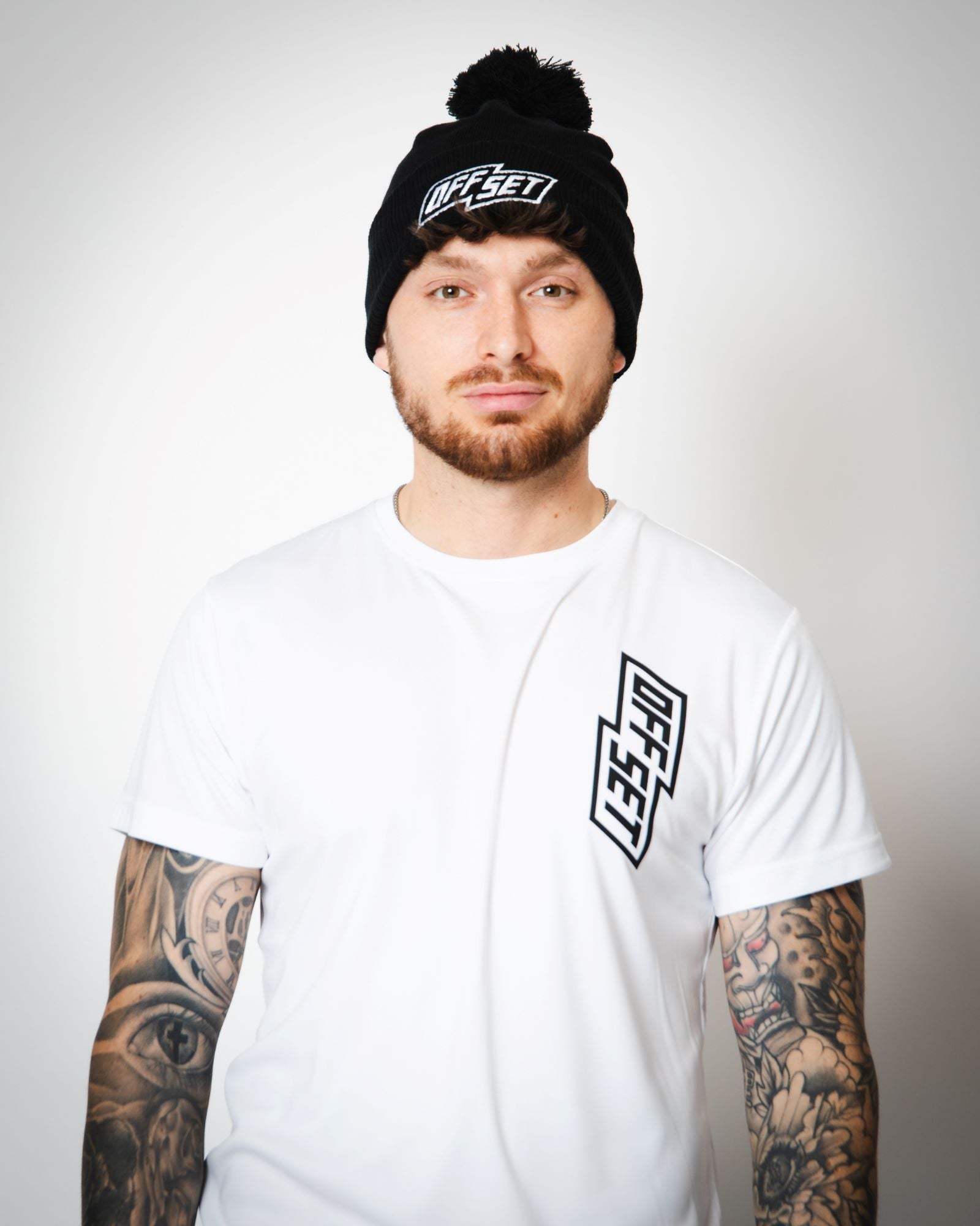 Model wearing OFFSET Sport bobble beanie
