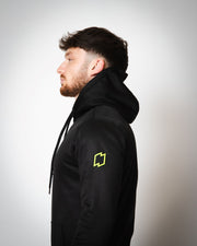 Side view of the OFFSET Sport Black Hoodie showing the logo